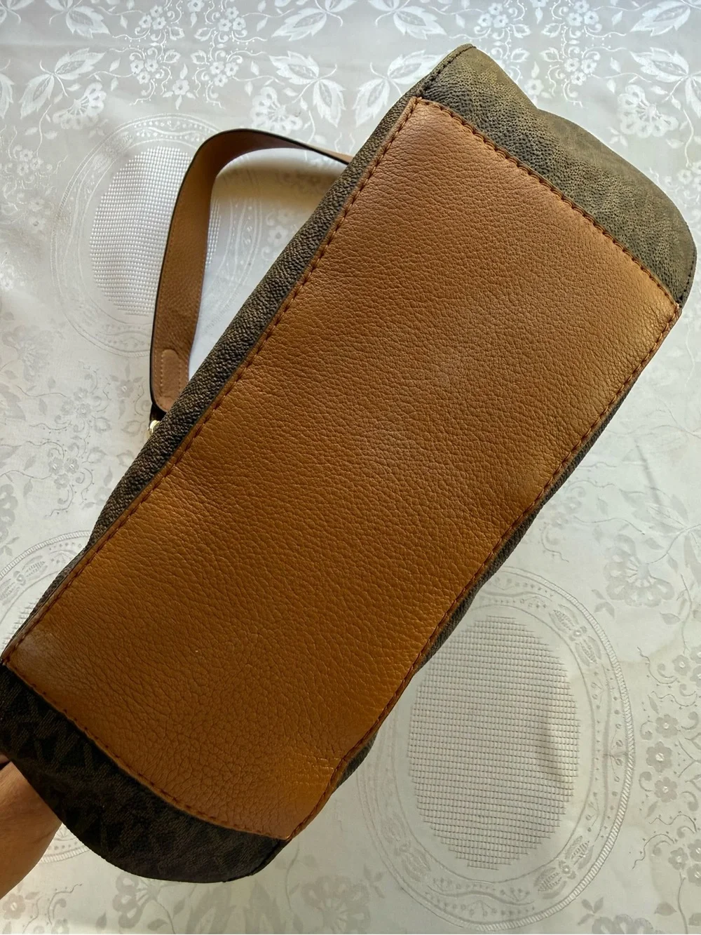 Michael Kors MK Brooke Brown Monogram Shoulder Hobo Bag with Gold-Tone Hardware
